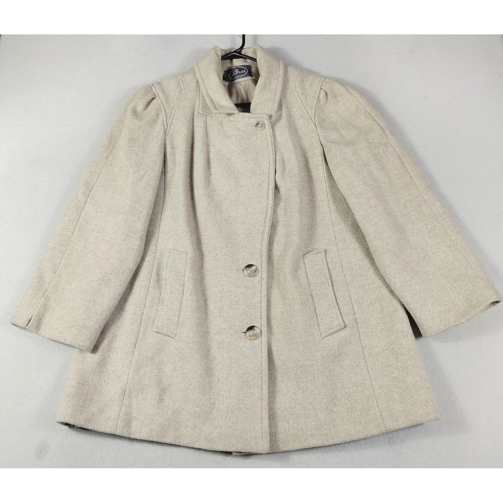 Vintage Ms. Freddi Coat Womens Large Beige Wool Herringbone Tweed Overcoat